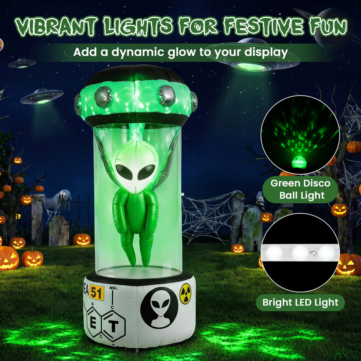 7.4 FT Halloween Inflatable Alien with Rotating Flashing Green Lights