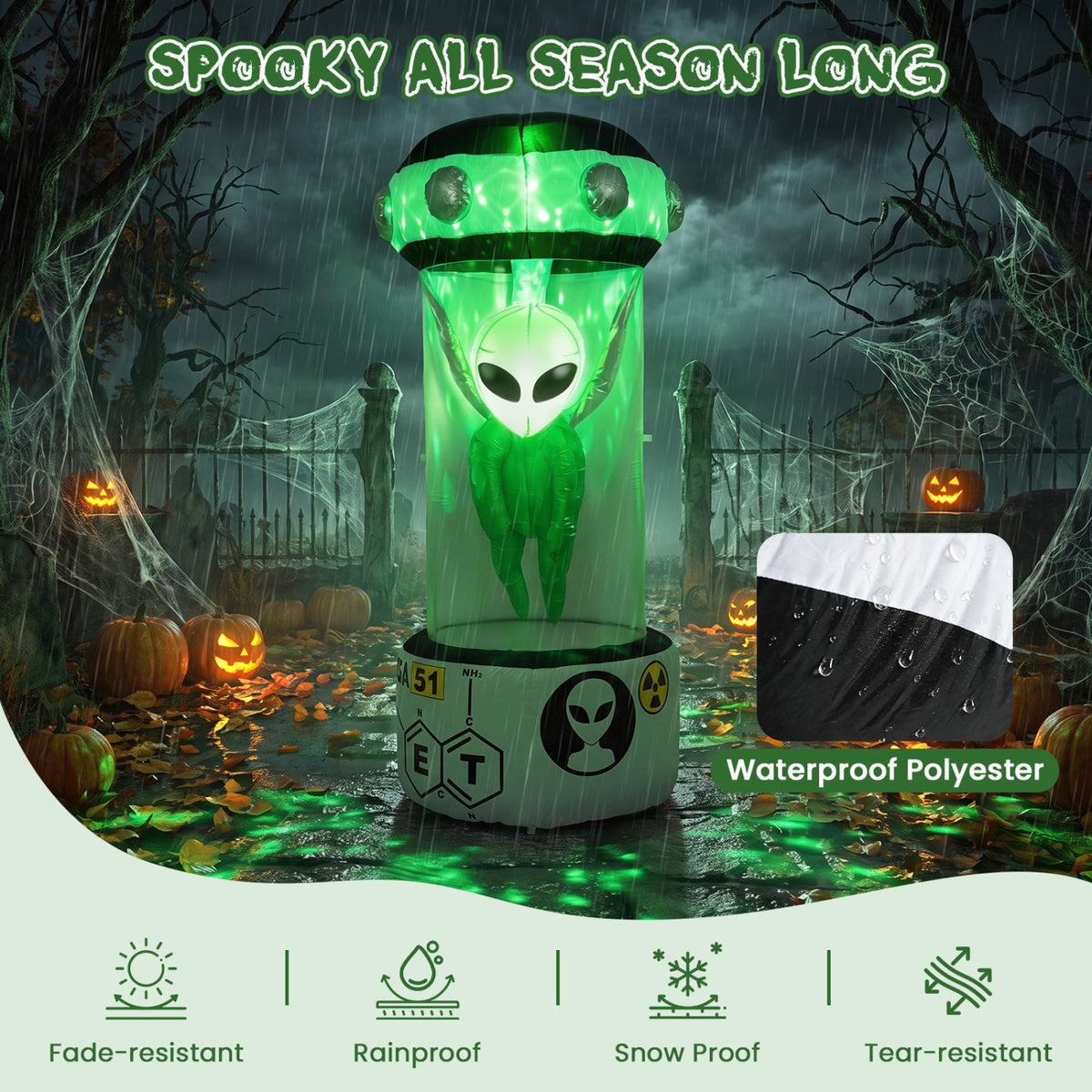 7.4 FT Halloween Inflatable Alien with Rotating Flashing Green Lights