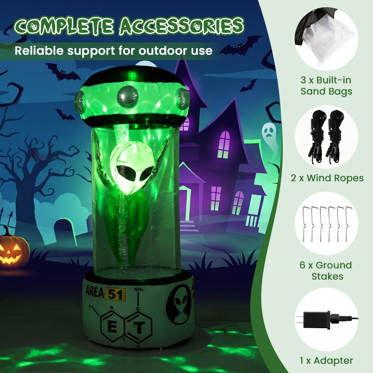 7.4 FT Halloween Inflatable Alien with Rotating Flashing Green Lights