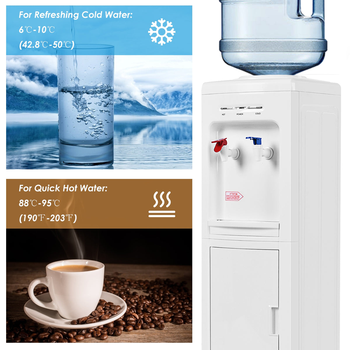 Close view of a white cooler with red and blue taps beside images of a cold drink and a hot beverage.