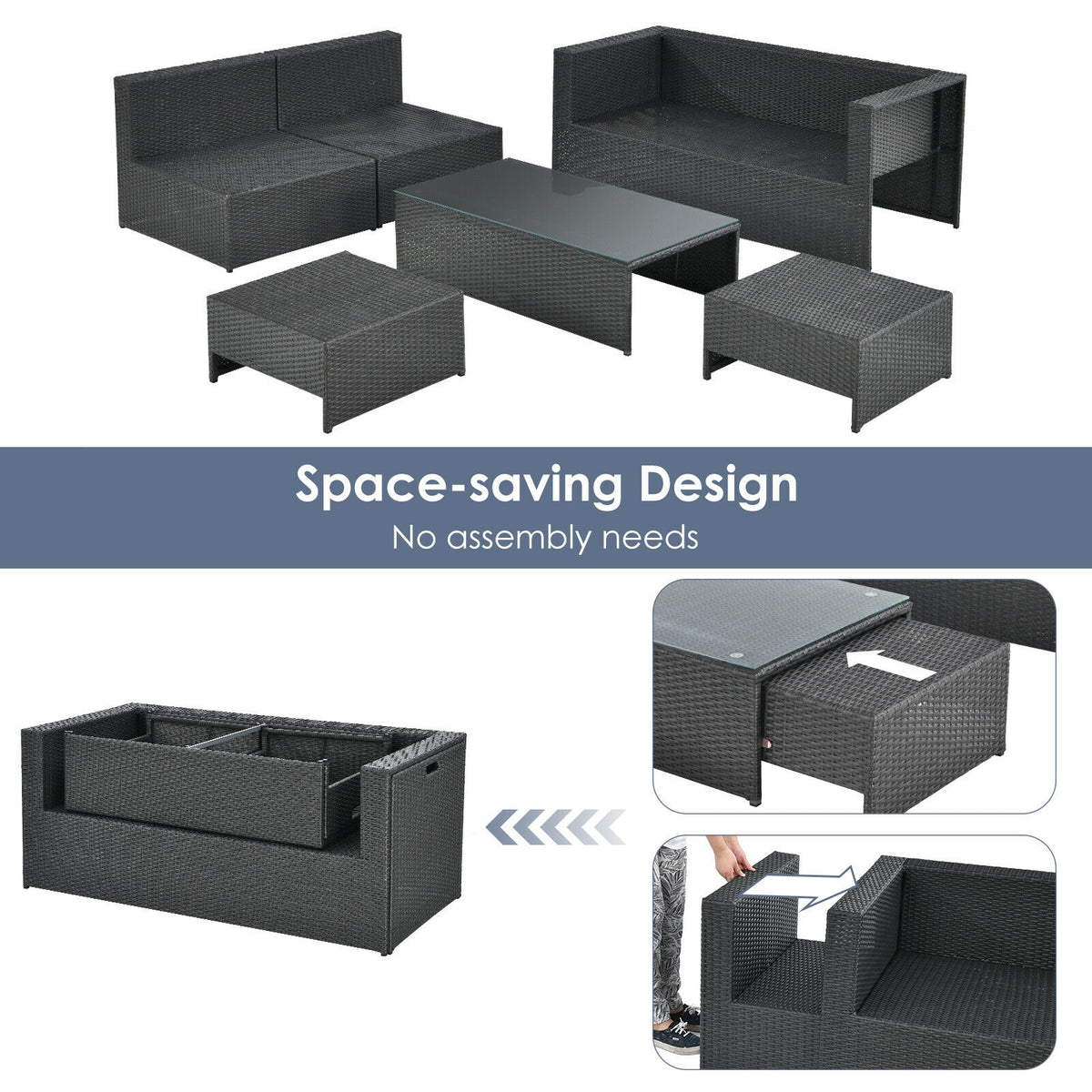 6 Pieces Patio Rattan Furniture Set with Glass Table and Cushioned Seat, Gray
