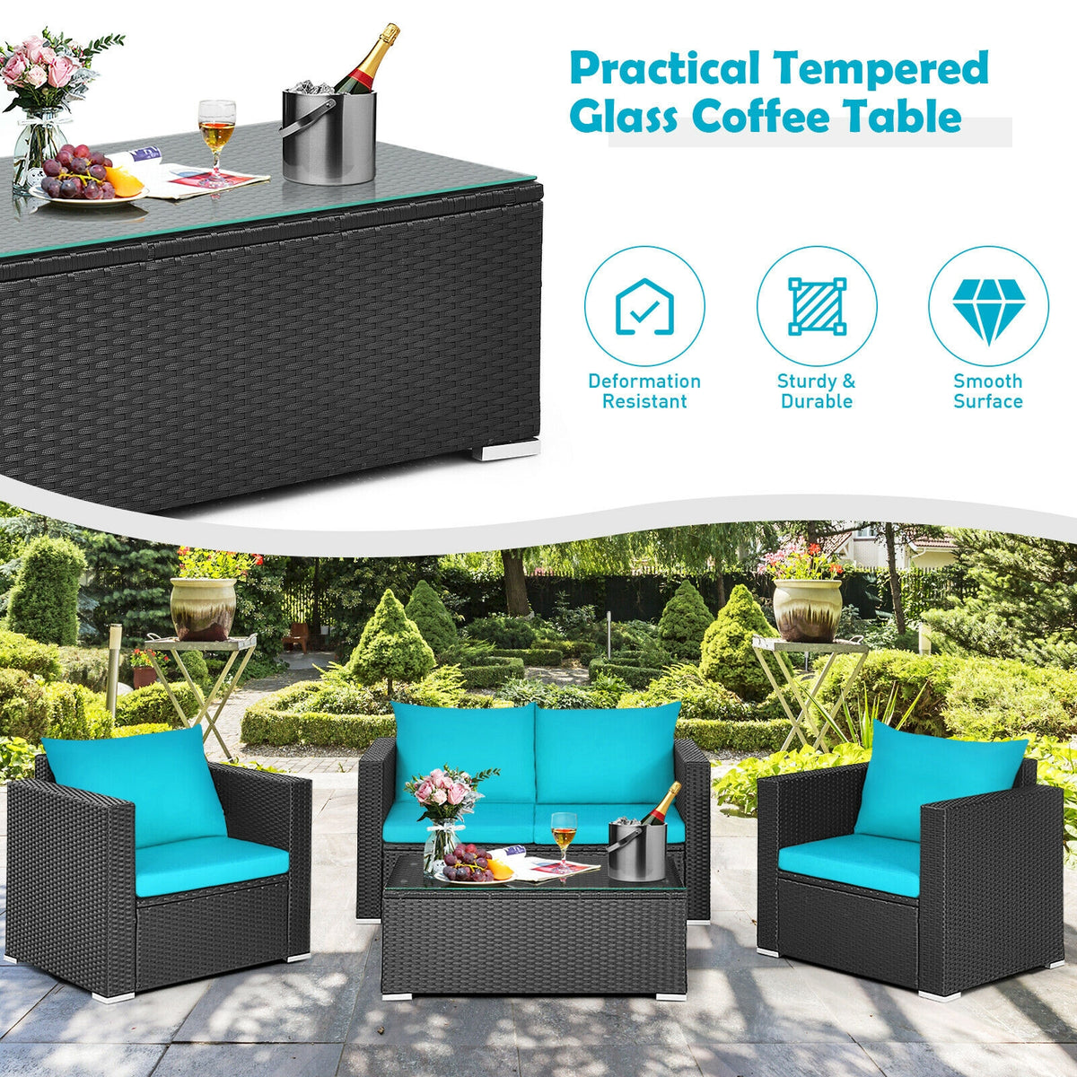 4Pcs Patio Rattan Cushioned Furniture Set