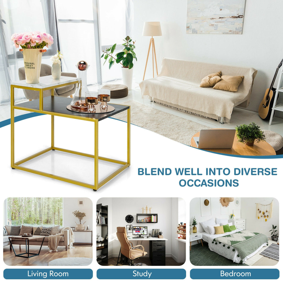 2 Tier End Side Table with Metal Frame and Storage Shelf for Living Room, White