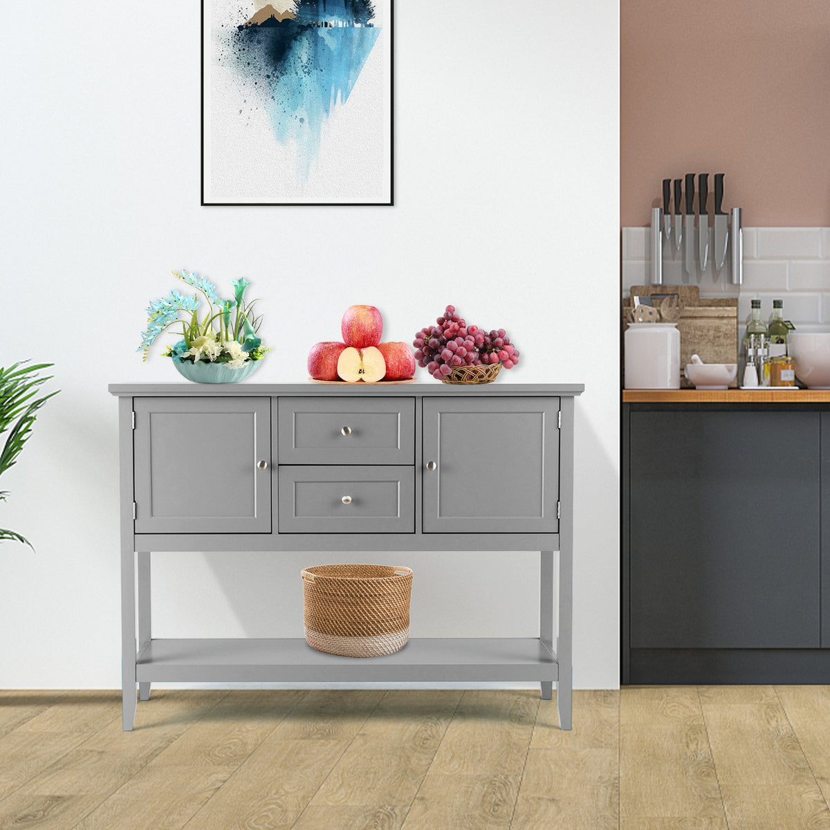 Wooden Sideboard Buffet Console Table with Drawers and Storage, Gray