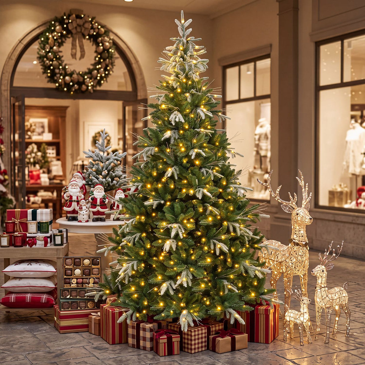 A lit Christmas tree surrounded by wrapped presents and festive figures in a warmly decorated shop.