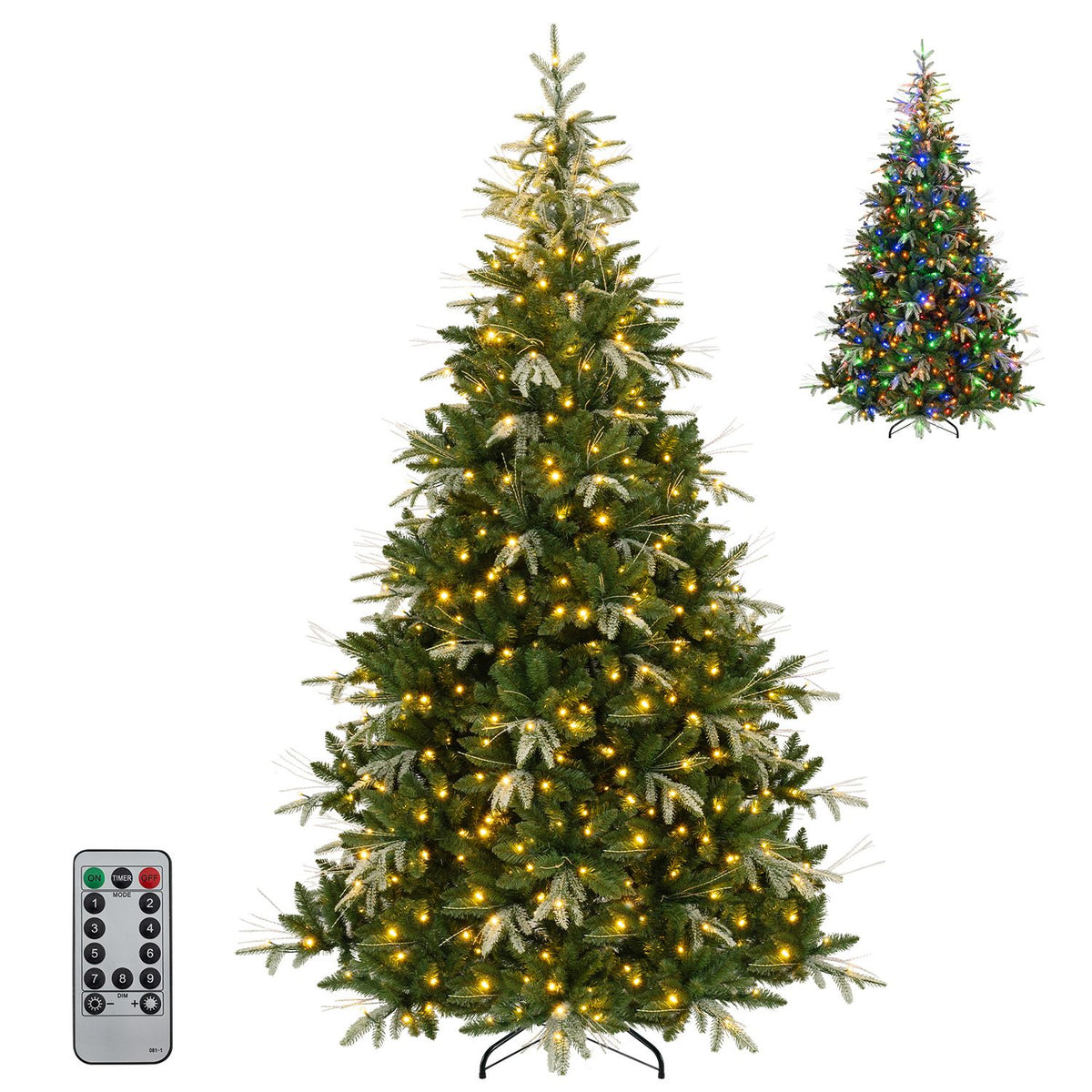 An artificial tree with warm lights is shown on white beside a smaller tree with colorful lights and a remote.