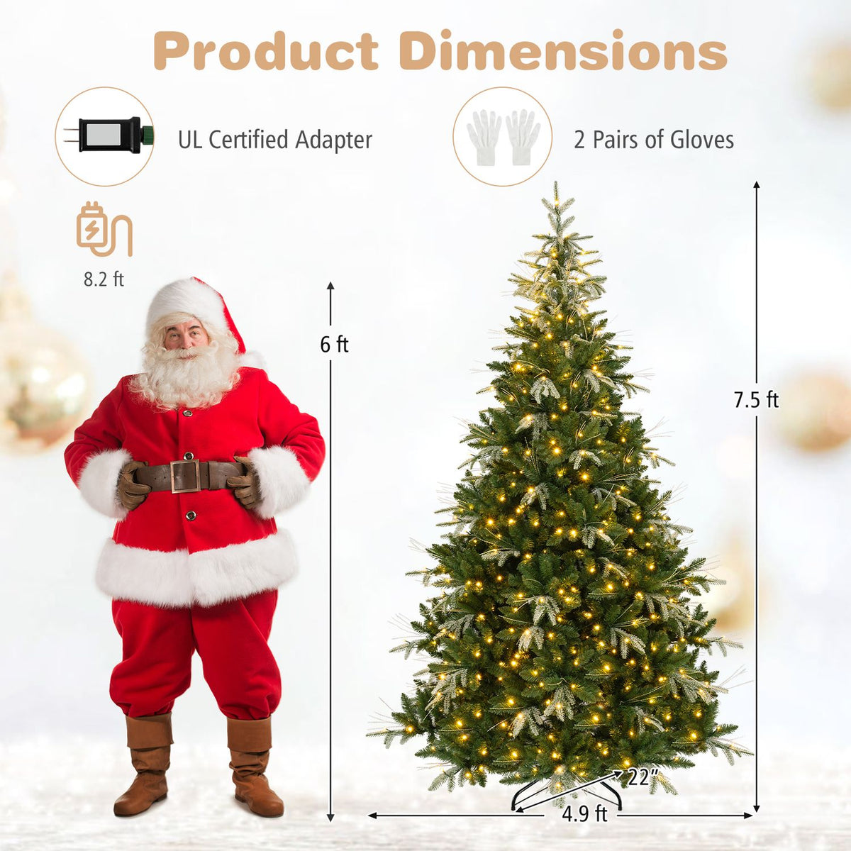 A lit Christmas tree is shown beside a costumed figure, measurement arrows, and accessory illustrations.