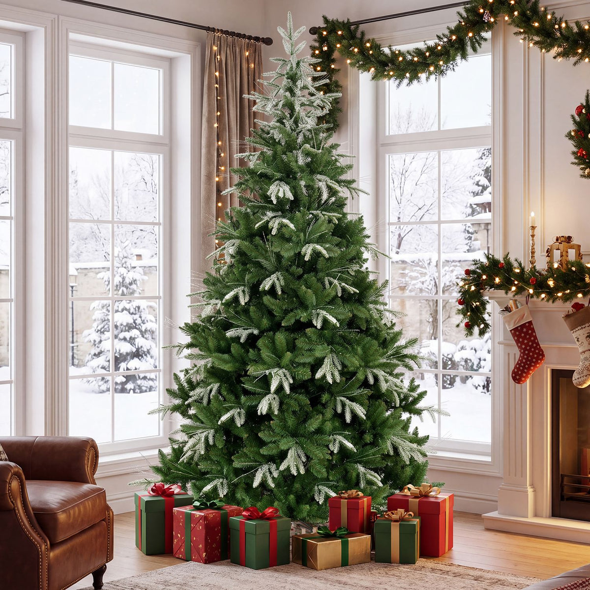 Frosted artificial Christmas tree beside bright windows, with wrapped gifts gathered around its base.