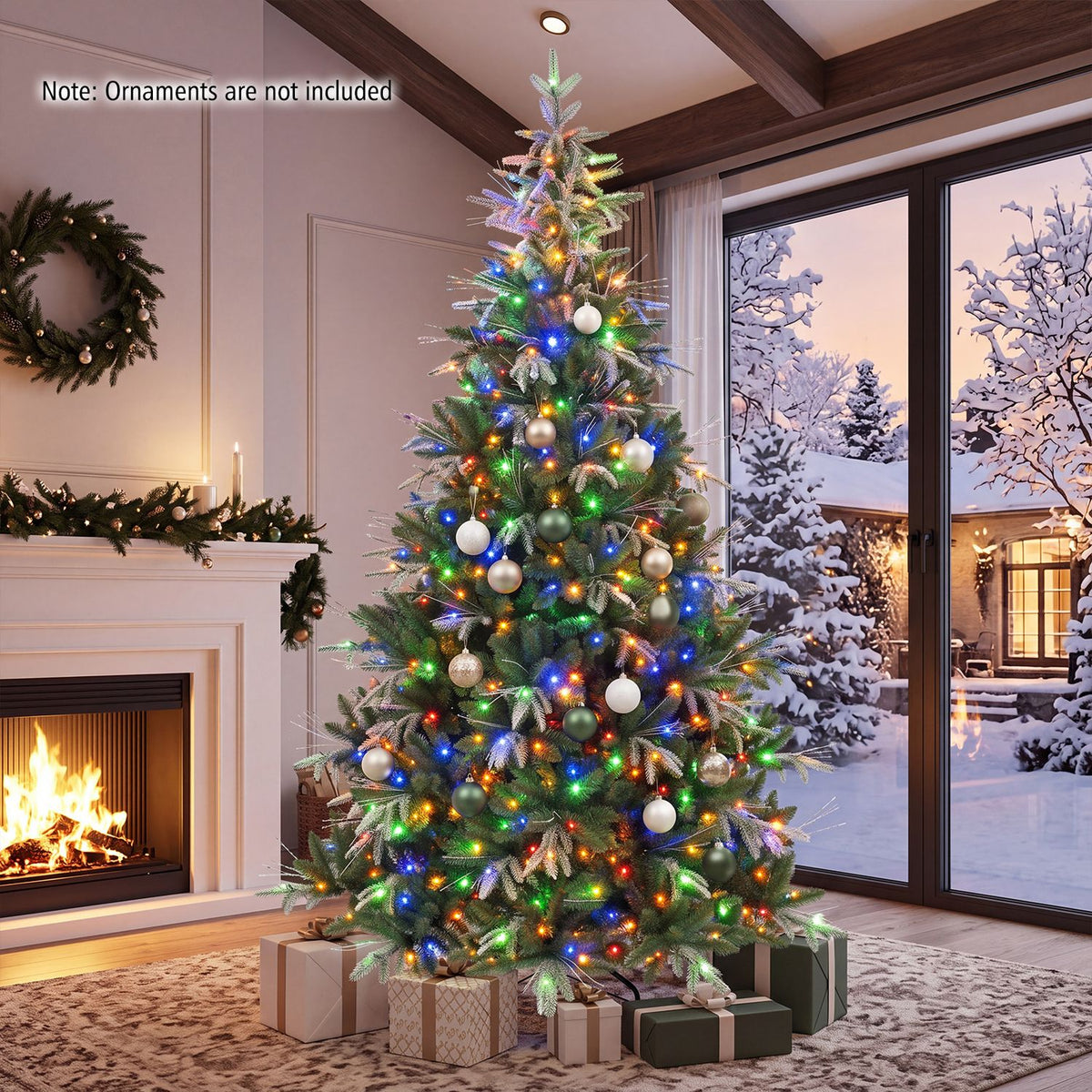 Colorfully lit Christmas tree decorated with ornaments in a cozy living room beside a fireplace.