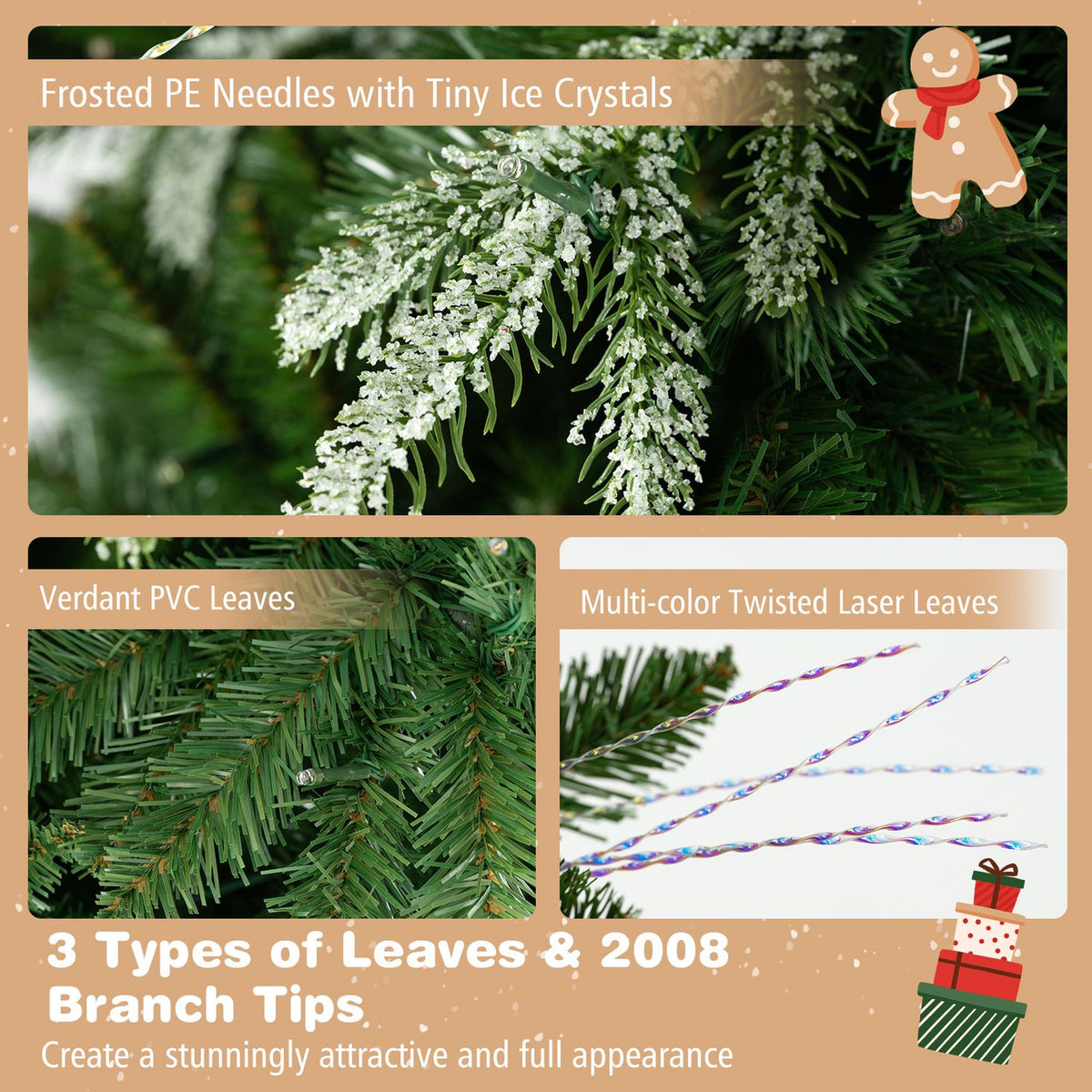 Close-up views of frosted and green tree branches alongside thin, multicolored illuminated strands.