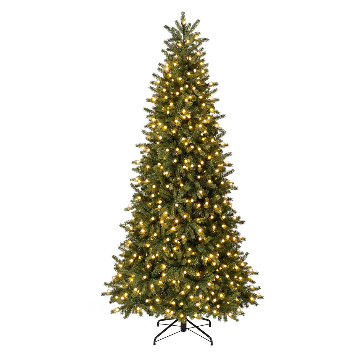 A green artificial Christmas tree with warm lights stands on a black metal base against a white background.