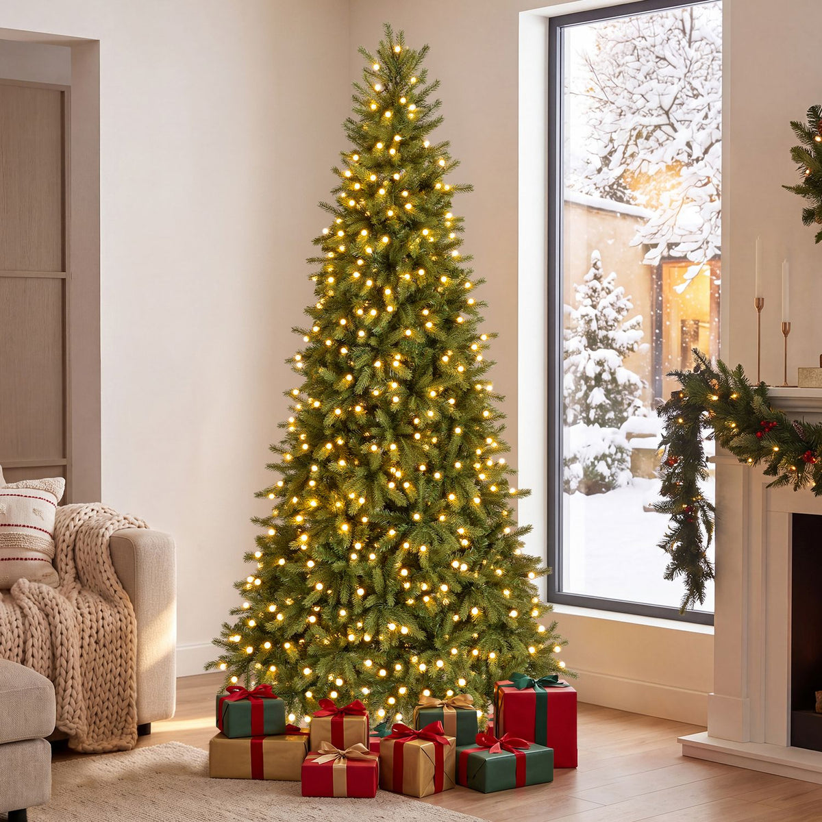 Golden-lit Christmas tree with red and green presents in a bright living room