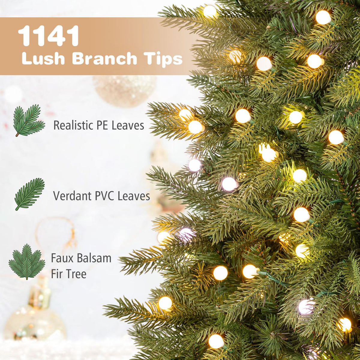 Close-up of green tree branches and glowing lights, with smaller branch illustrations alongside.