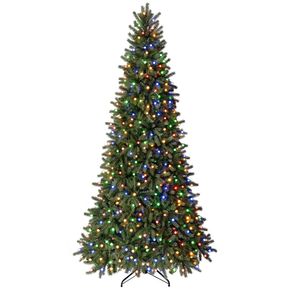 Green Christmas tree glowing with multicolor lights on a white background