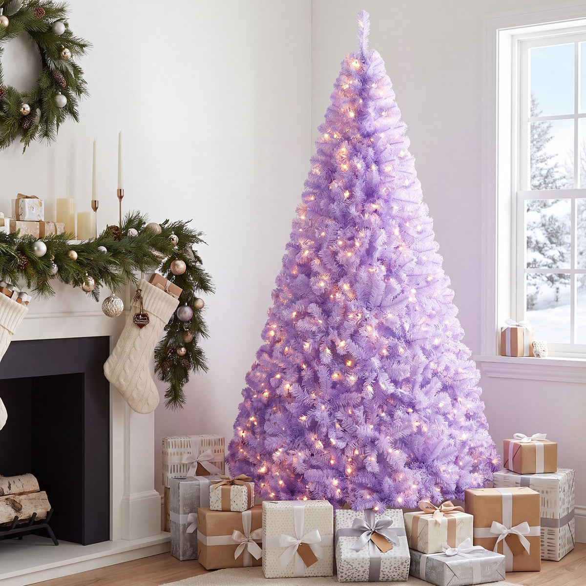 A tall, glowing lavender Christmas tree stands among wrapped gifts beside a decorated fireplace.