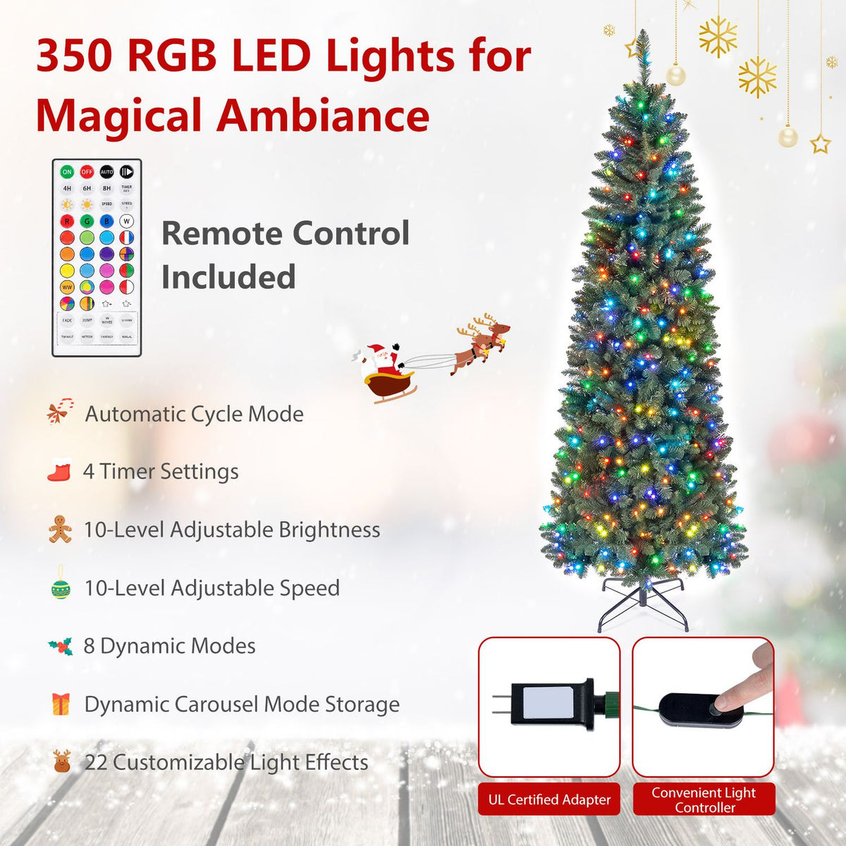 Slim Christmas tree glowing with multicolored lights, alongside a remote and close-ups of its power adapter and controller.