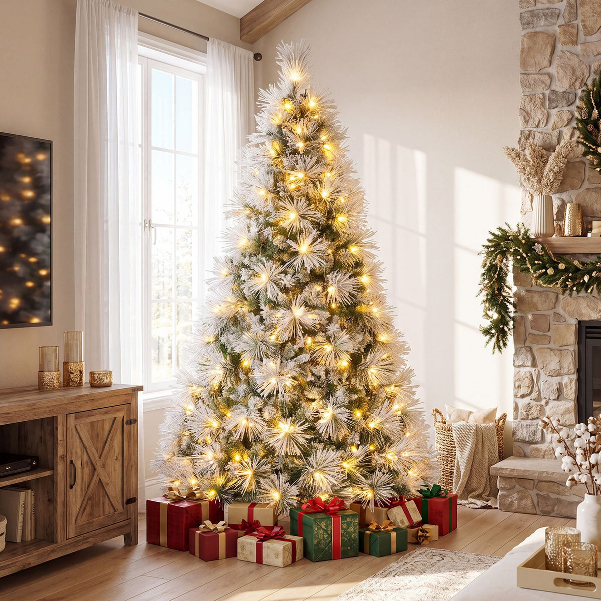 Flocked Christmas tree glowing with warm lights beside a stone fireplace and wrapped gifts.