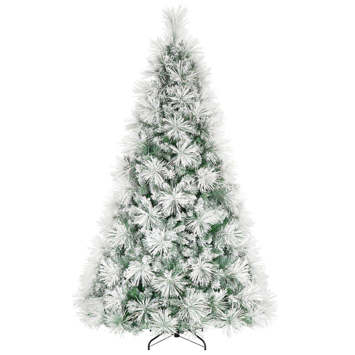 Unlit flocked Christmas tree standing on a black folding metal base against a white background.
