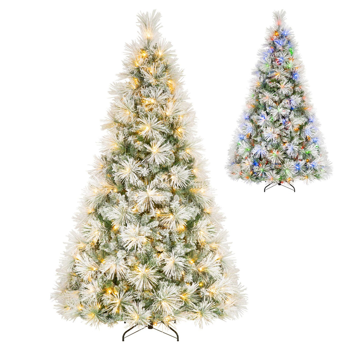 Two flocked trees shown with warm white lights and multicolored lights against a white background.