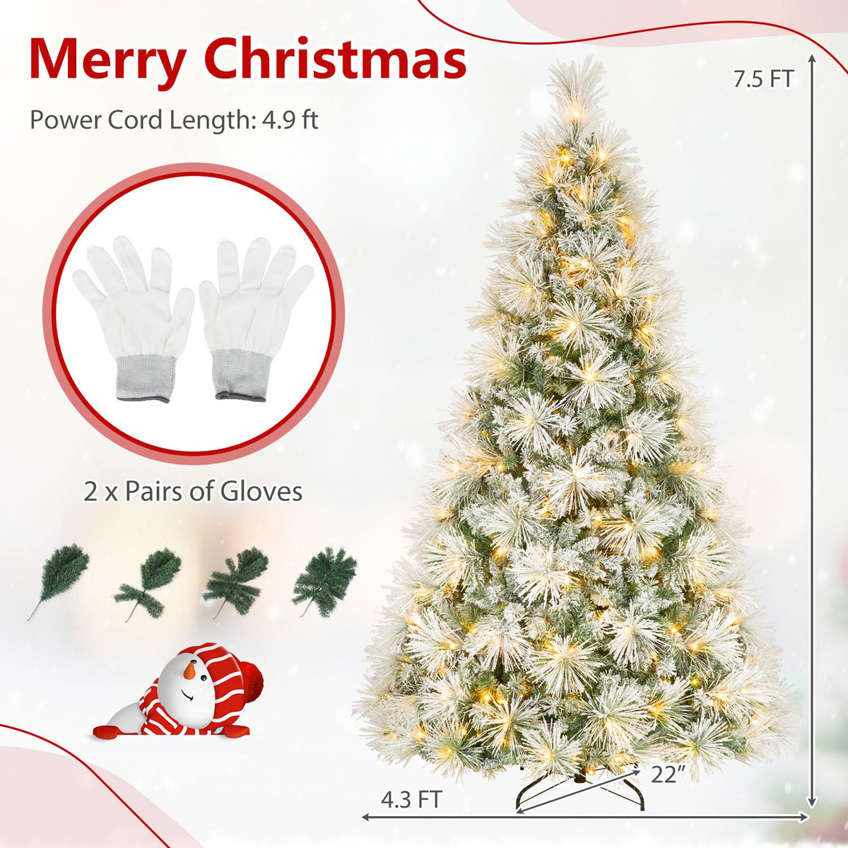 Flocked artificial pine tree glowing with warm lights, shown with gloves, pine sprigs, and a metal stand.