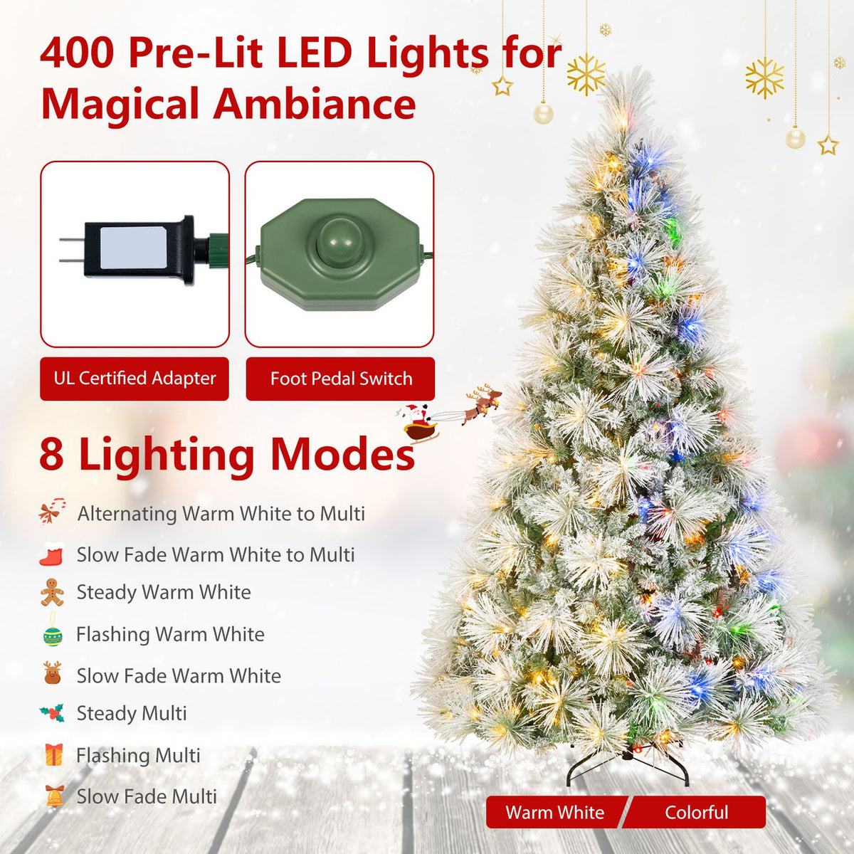 Flocked tree glowing with warm white and colorful lights, alongside images of its adapter and foot switch.