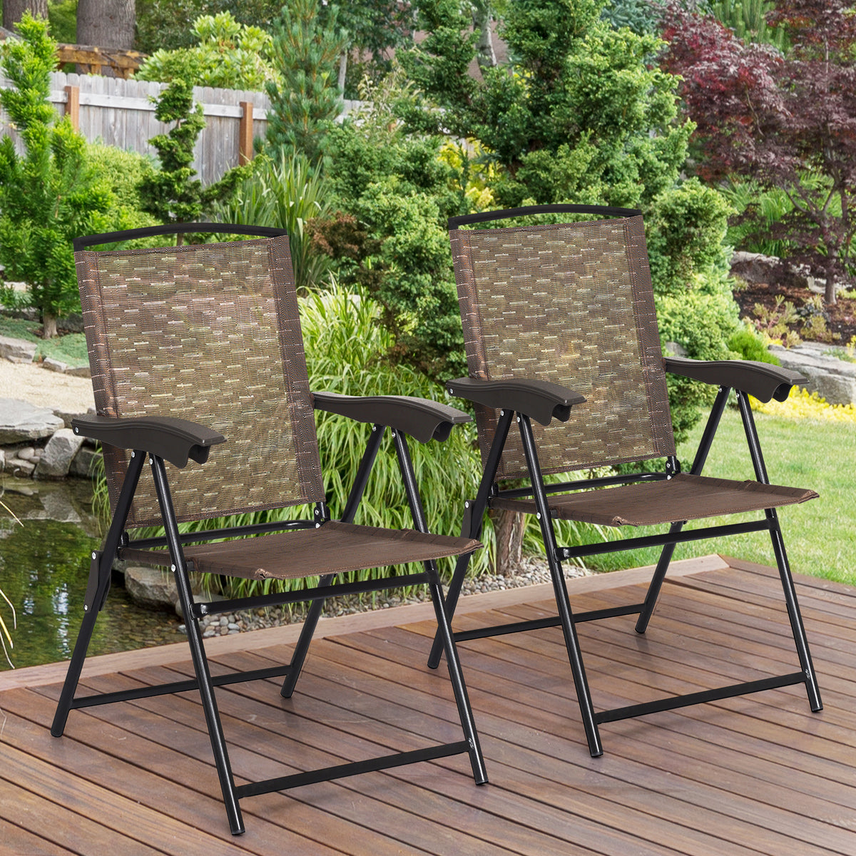 Two brown sling-back folding chairs with black frames sit side by side on a wooden deck.