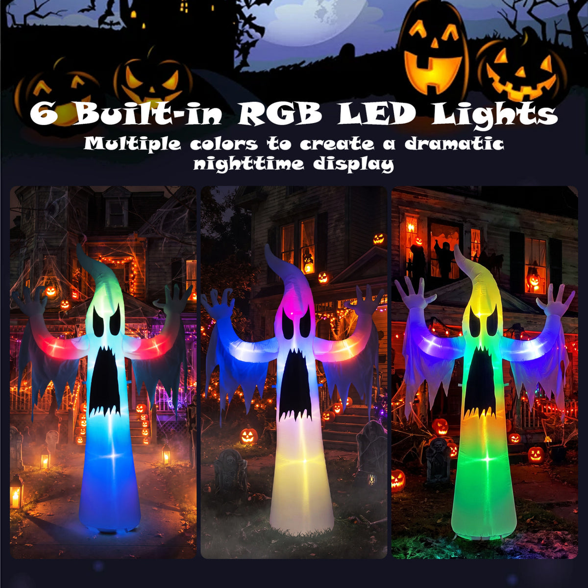 Three nighttime scenes show the ghost inflatable glowing in different color combinations.
