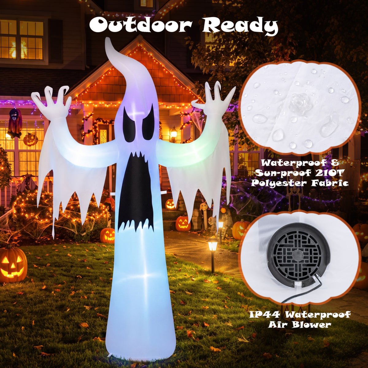 Glowing ghost inflatable in a decorated yard, with close-up insets of its fabric and blower.