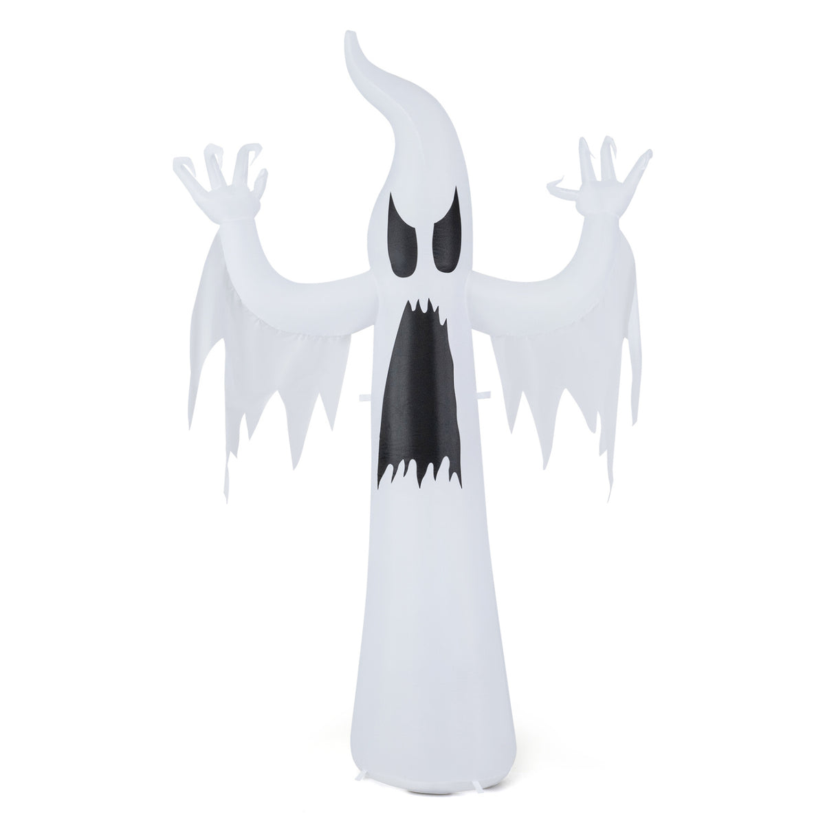 A white ghost inflatable with raised arms, dangling sleeves, black eyes, and a jagged black mouth.