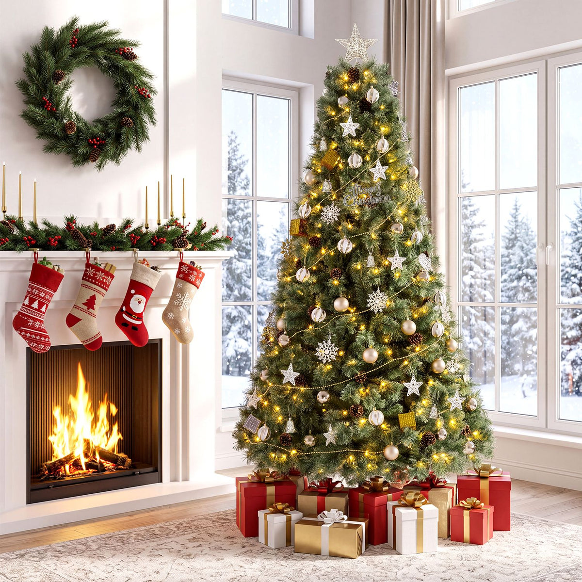 Decorated Christmas tree glowing beside a fireplace, with stockings, a wreath and wrapped gifts.
