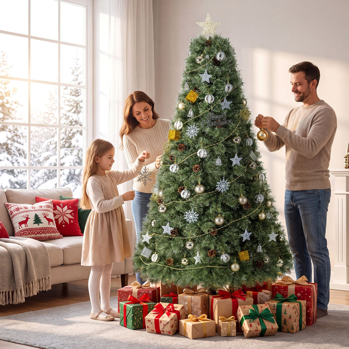 A family decorates a lit Christmas tree with ornaments in a bright living room.