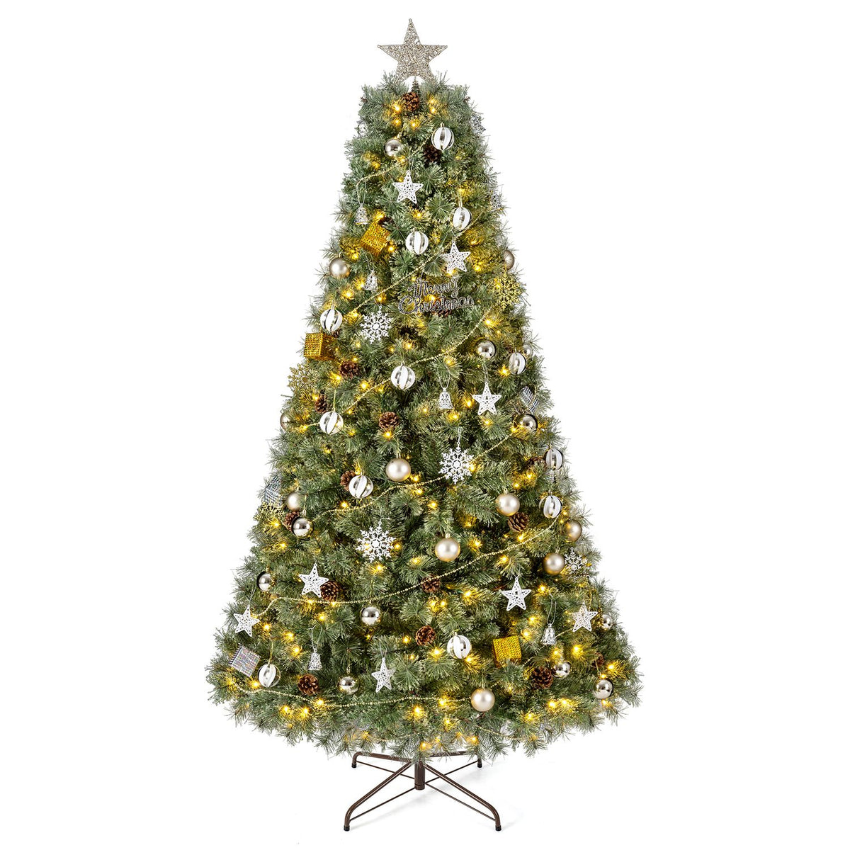 A decorated Christmas tree with warm lights and a star topper, shown on a metal stand against white.