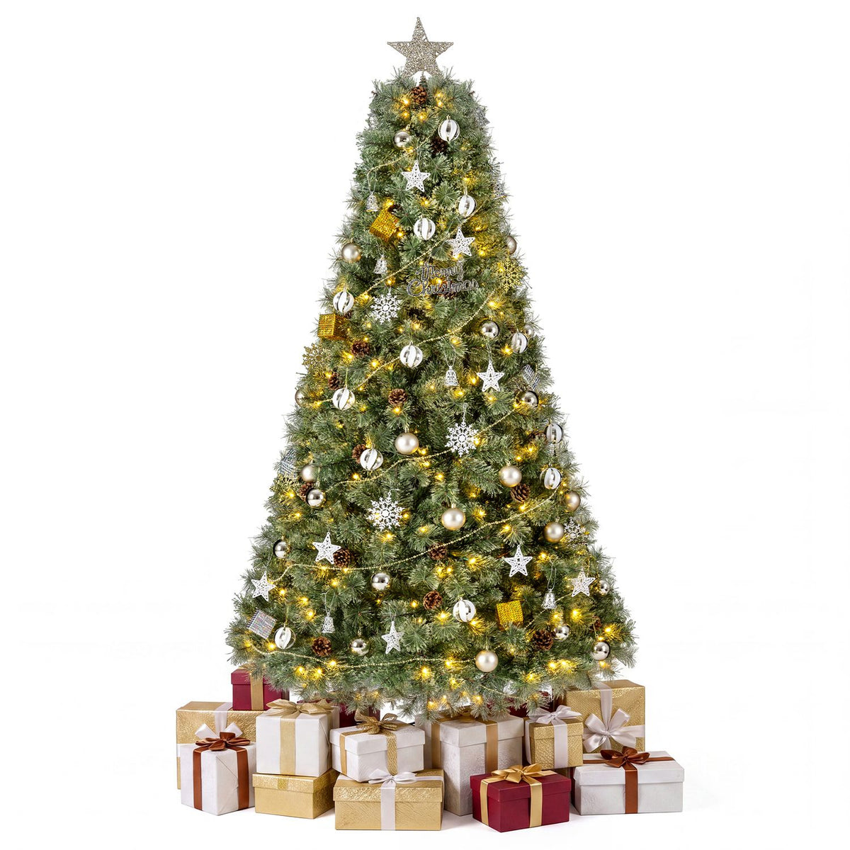 A glowing, ornament-covered Christmas tree stands above wrapped presents against a white background.