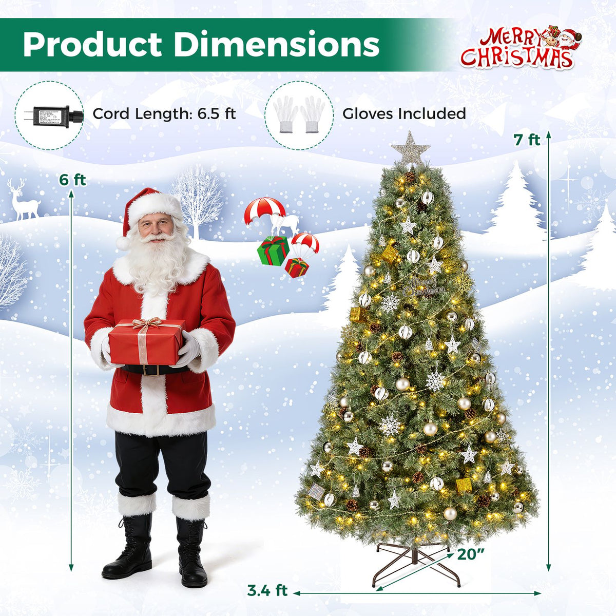 Decorated, illuminated Christmas tree shown beside a Santa figure with height and width arrows.