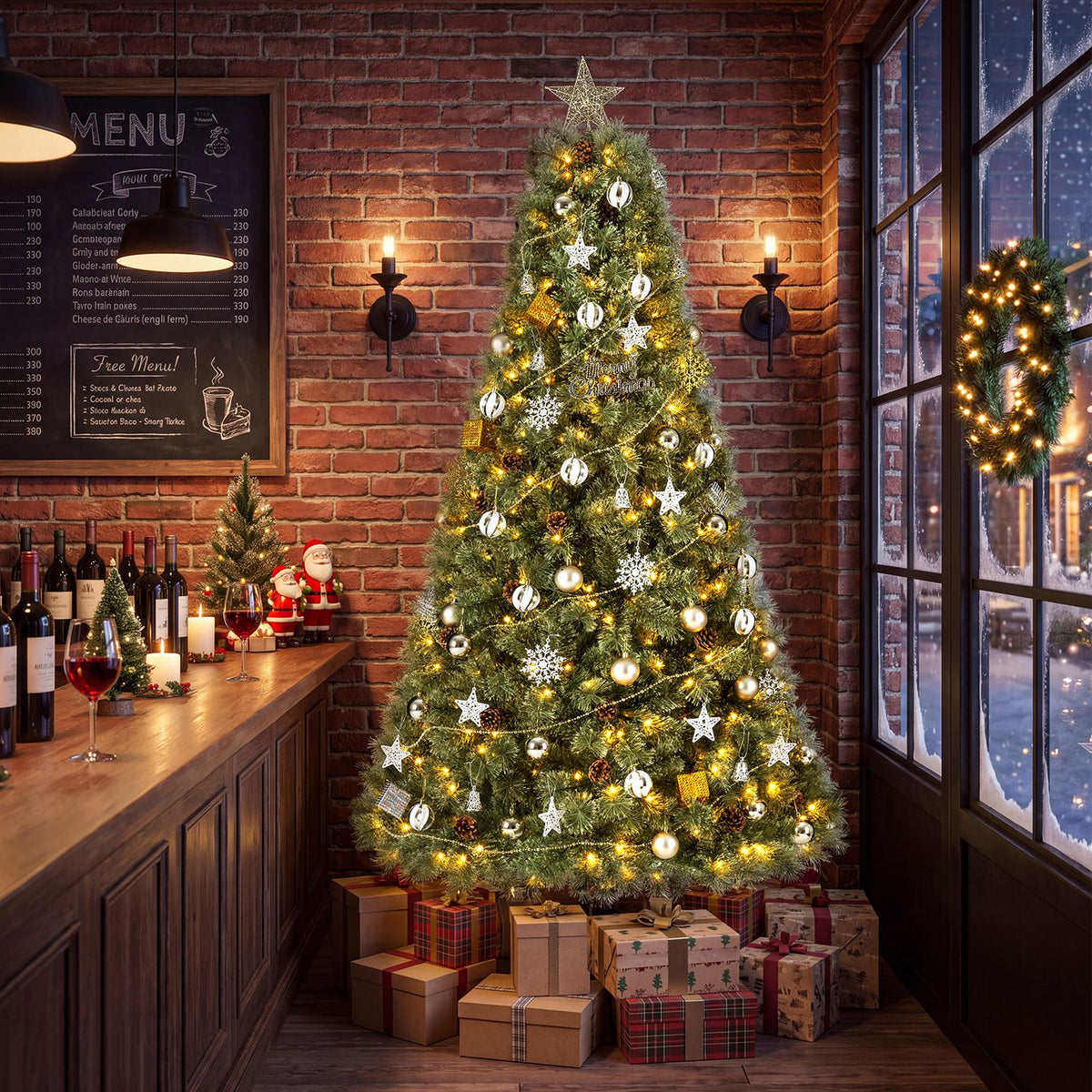 Warmly lit Christmas tree with ornaments and presents in a brick-walled room beside a large window.