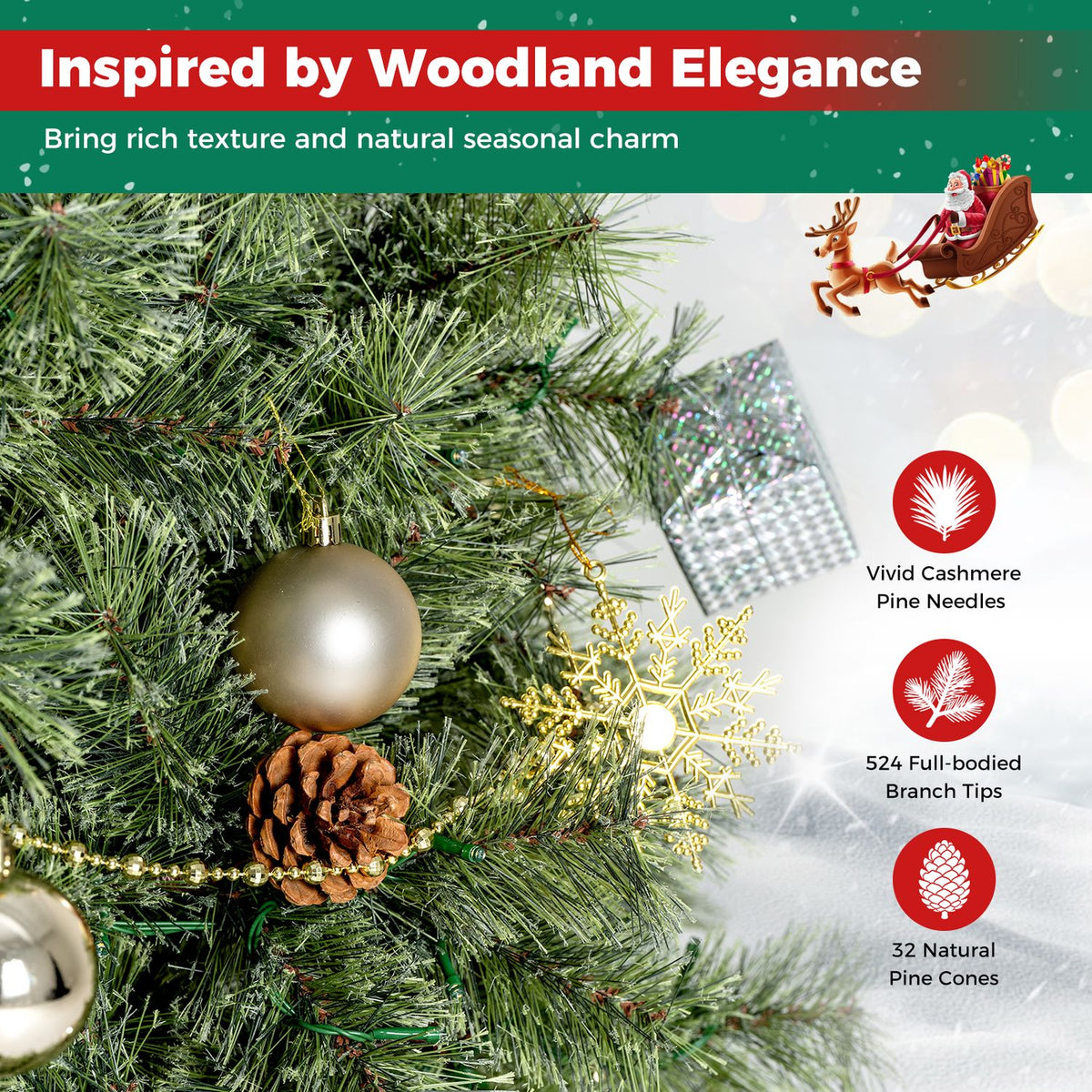 Close-up of pine branches with a gold ornament, pine cone, silver bauble, and warm lights.