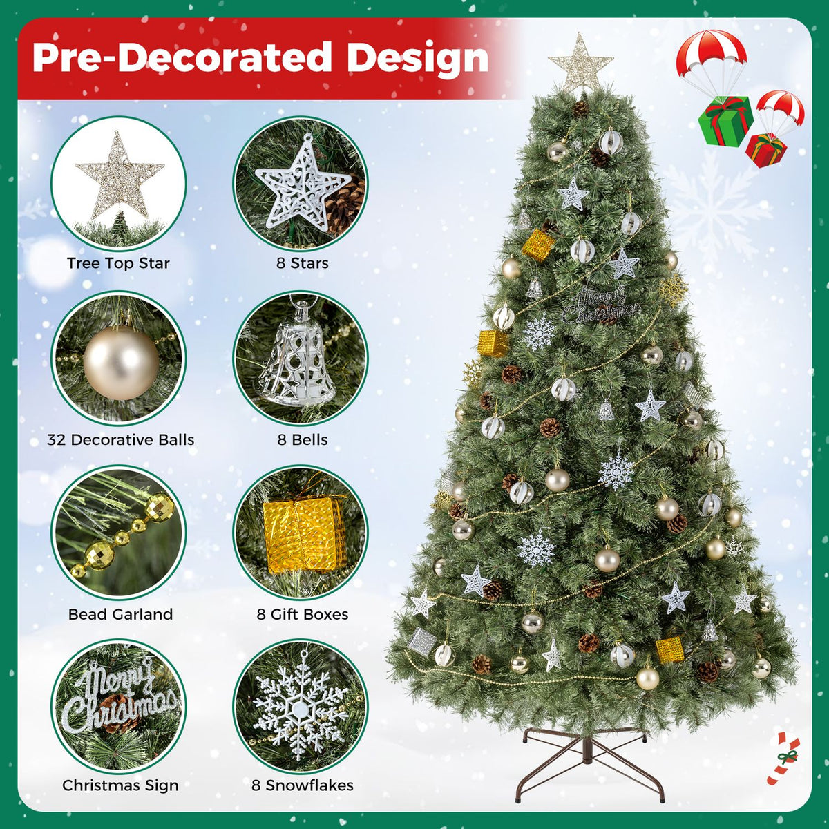 Decorated tree on a stand shown alongside close-ups of its star, ornaments, garland, and other decorations.