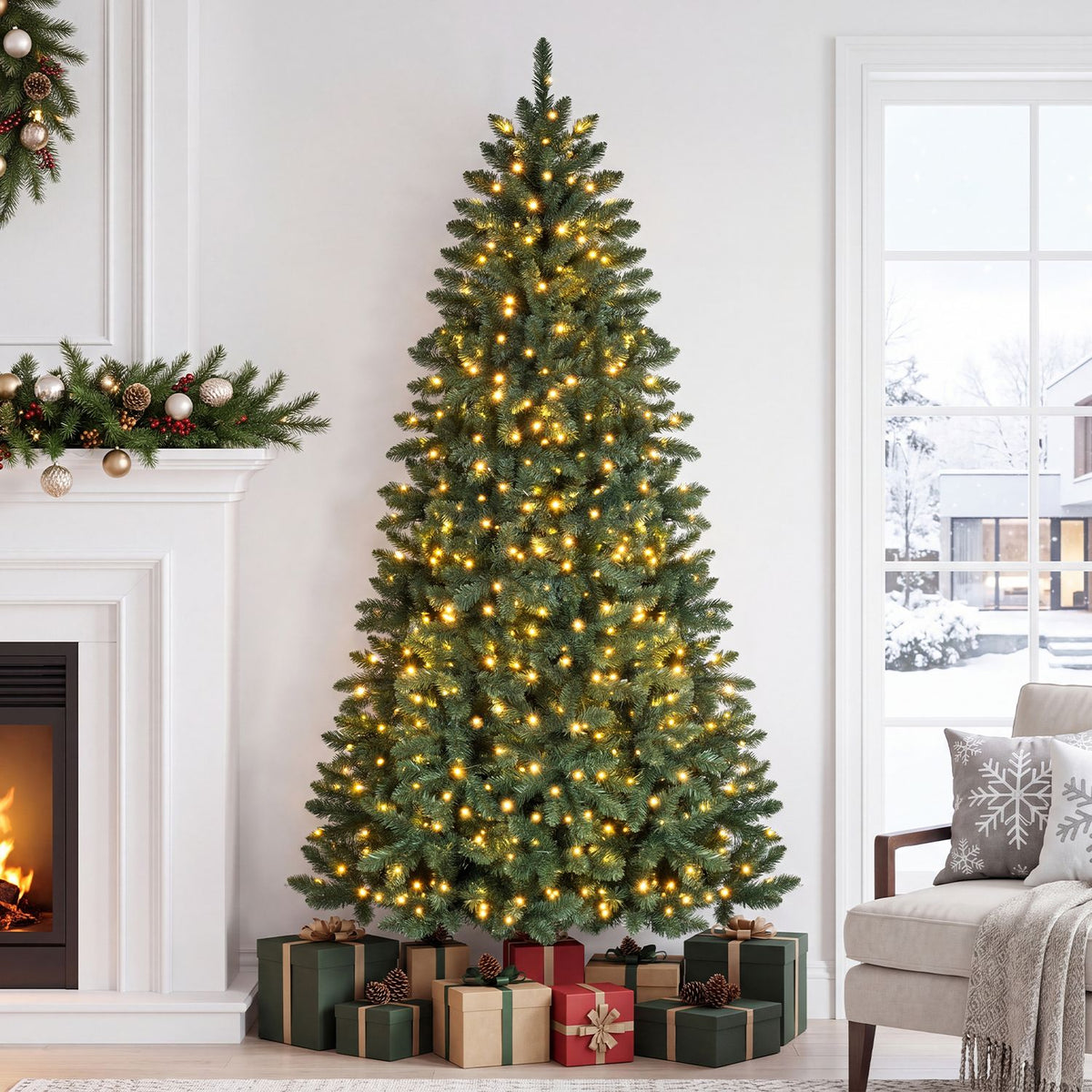 A glowing half Christmas tree stands beside a fireplace and window, with presents arranged beneath it.