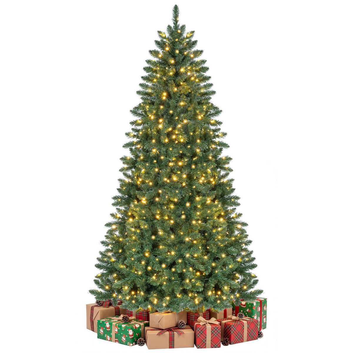 A lit green Christmas tree is shown against a white background with wrapped gifts around its base.
