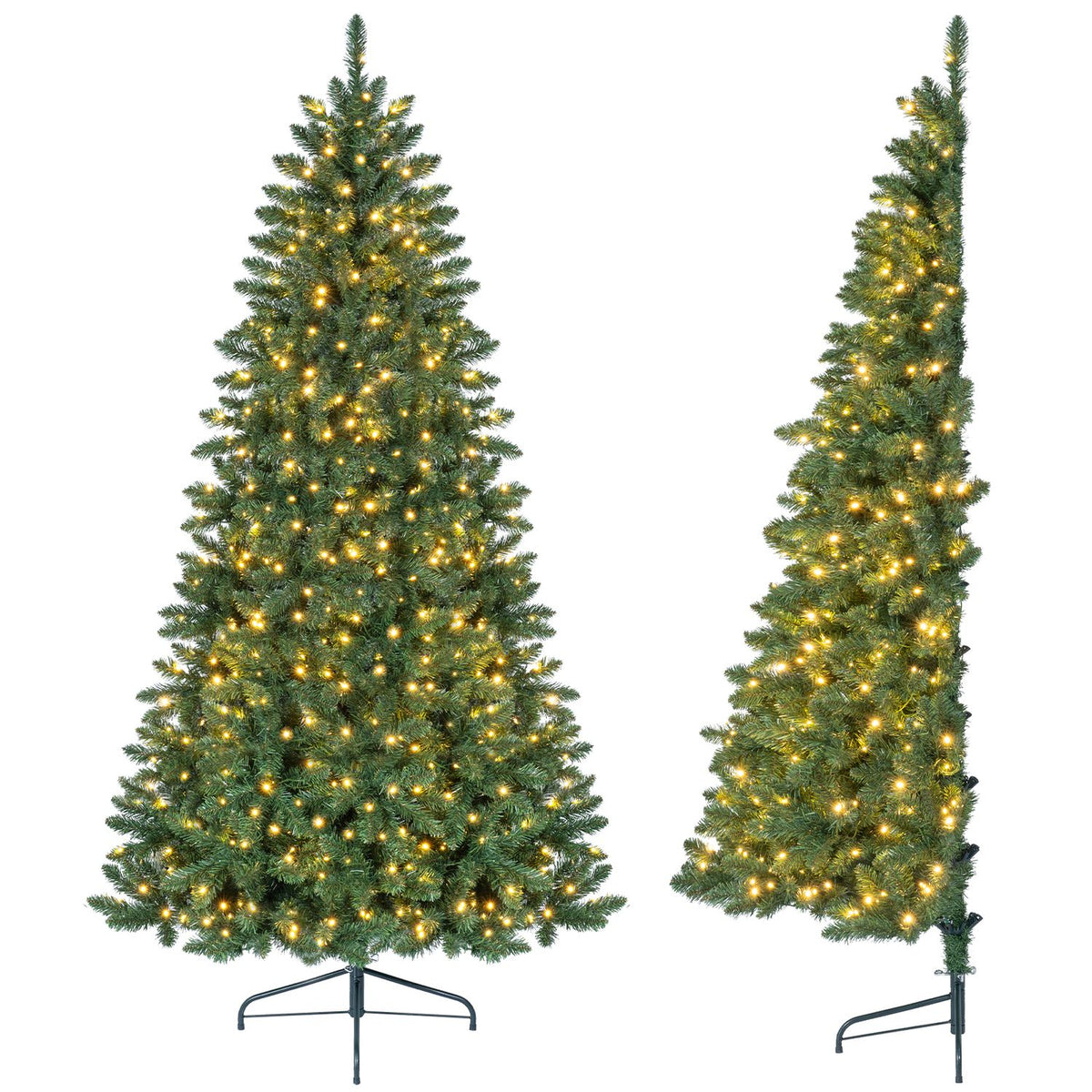 The illuminated tree is shown from the front and in profile, revealing its flat back and metal stand.
