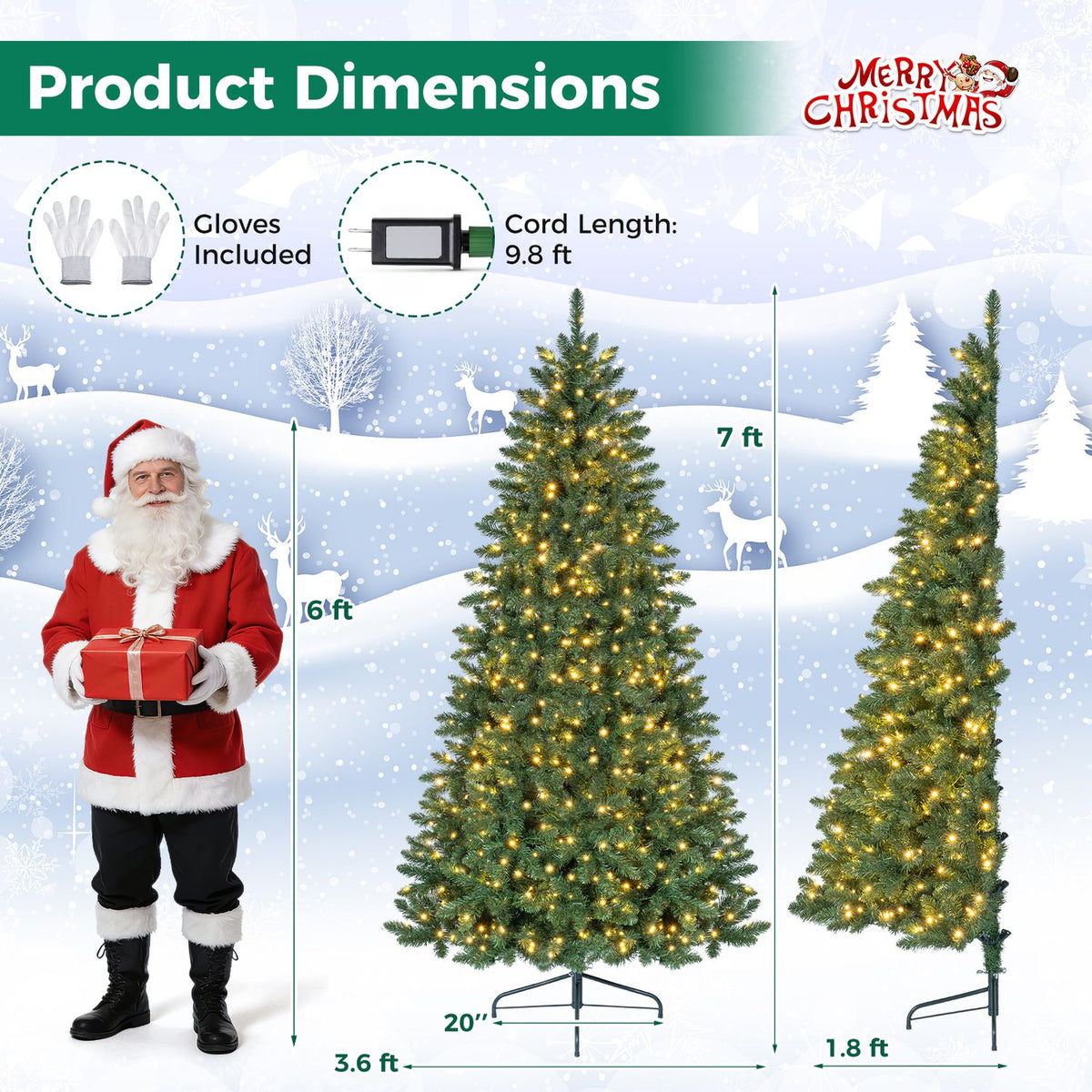 A holiday-themed graphic shows front and side views of the lit tree beside a person for scale.