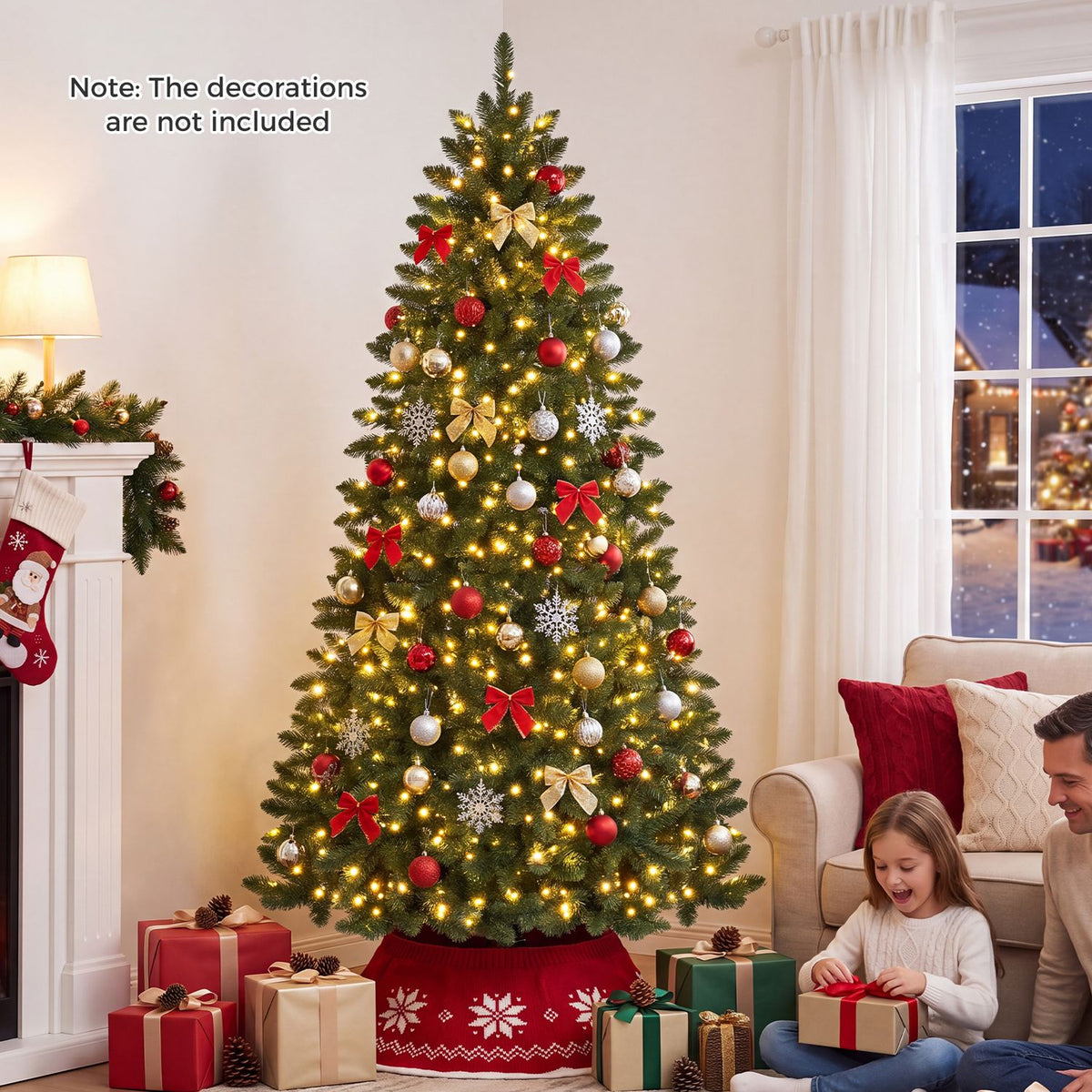 Glowing decorated Christmas tree in a living room as a child opens a gift beside it.