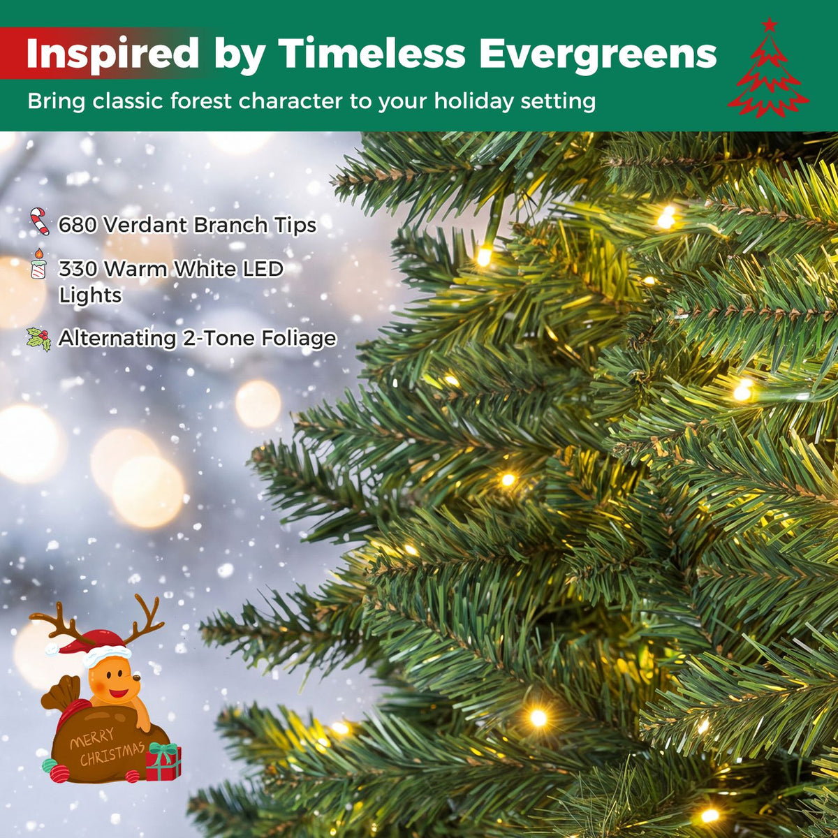 Close-up of green tree branches with warm lights against a snowy graphic background.