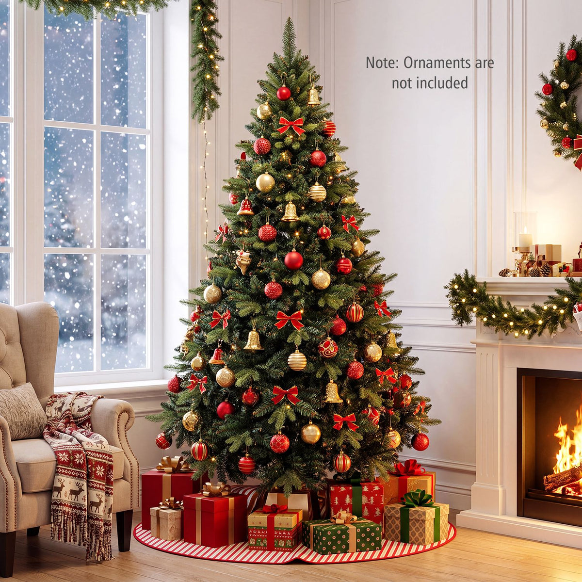 Decorated Christmas tree beside a snowy window and fireplace, with wrapped gifts underneath.