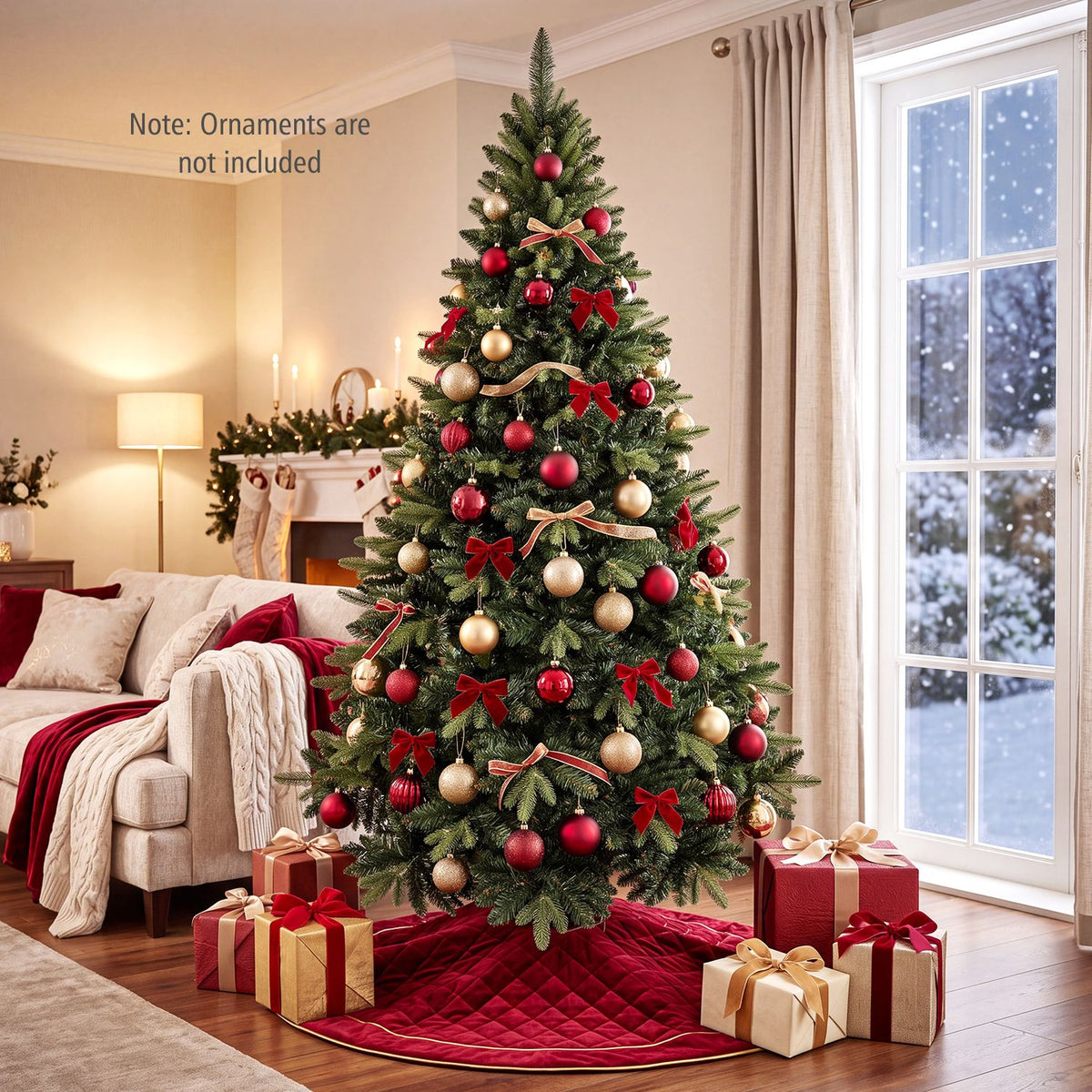Ornamented Christmas tree with red and gold decorations and presents in a cozy living room.