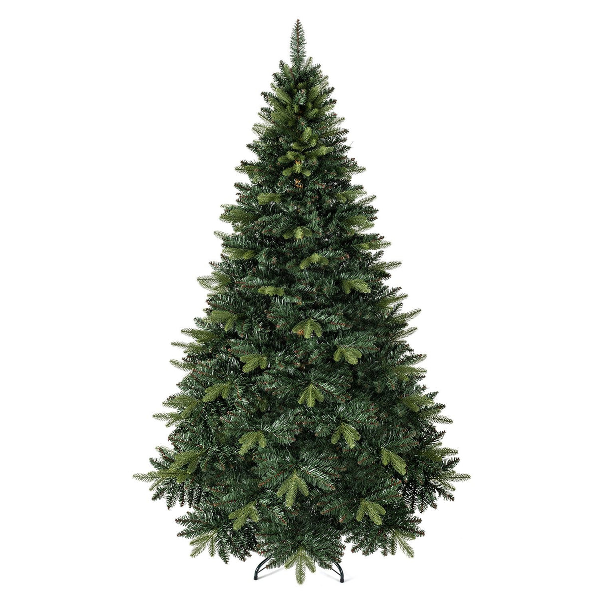Unadorned green artificial Christmas tree shown against a plain white background.