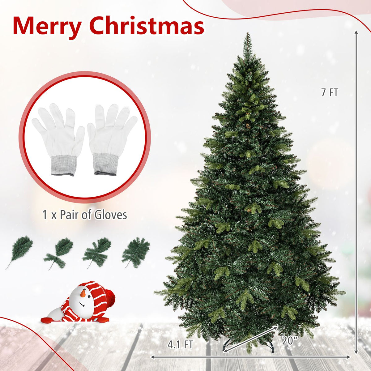 Green artificial Christmas tree with a folding stand, measurement arrows, and a circular inset showing gloves.