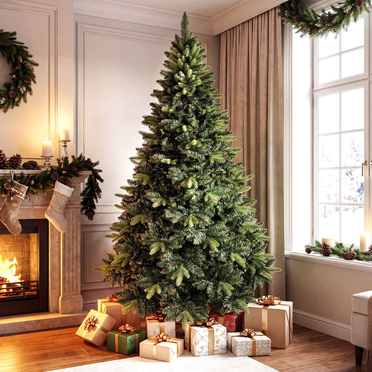 Unadorned artificial Christmas tree standing beside a fireplace, with wrapped gifts beneath it.