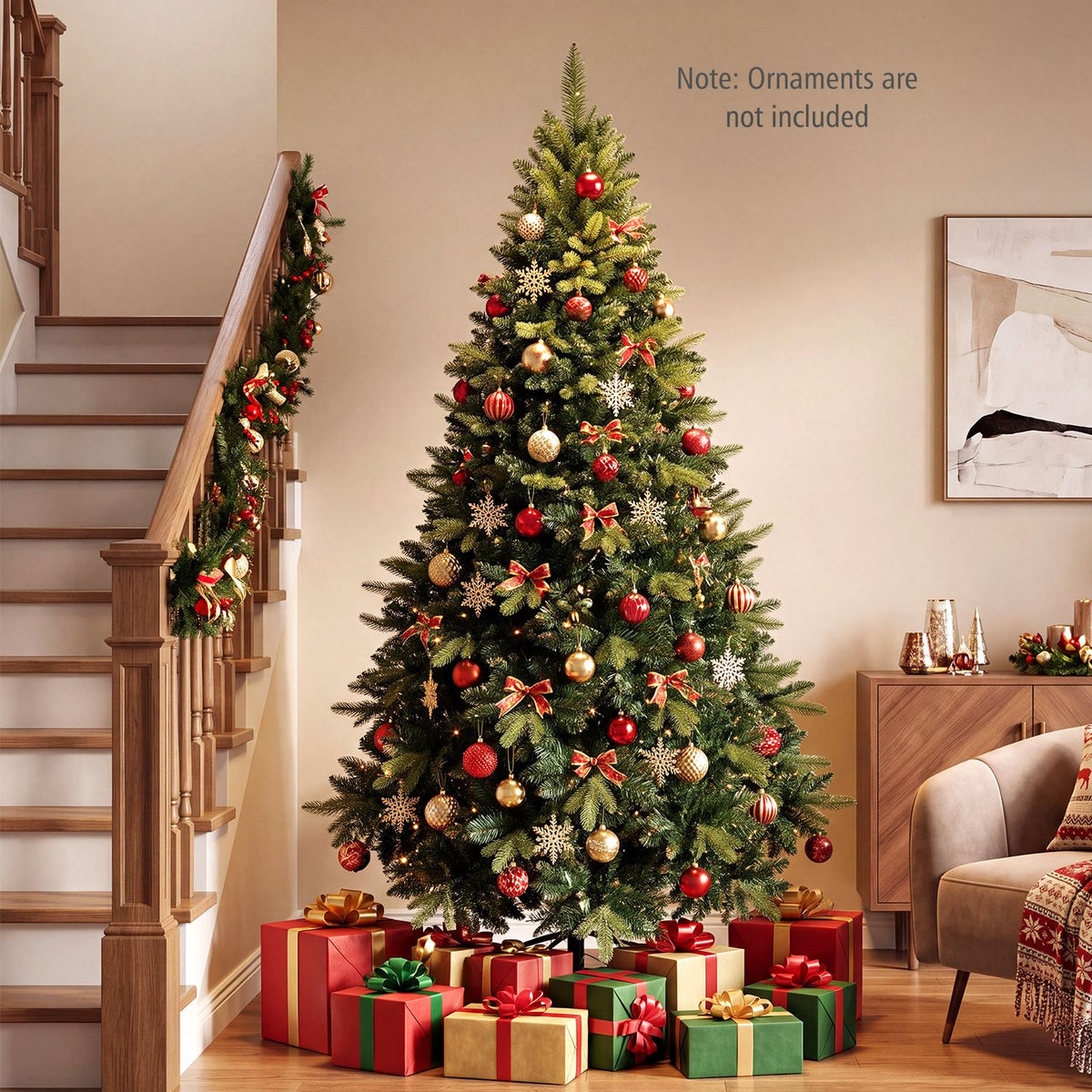 Ornament-covered Christmas tree beside a staircase, surrounded by colorful wrapped presents.