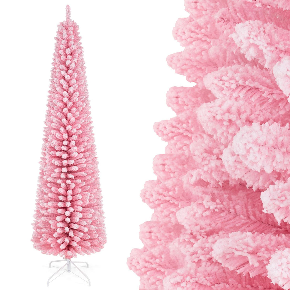 Pink flocked artificial tree on a white background beside a close-up of its branches
